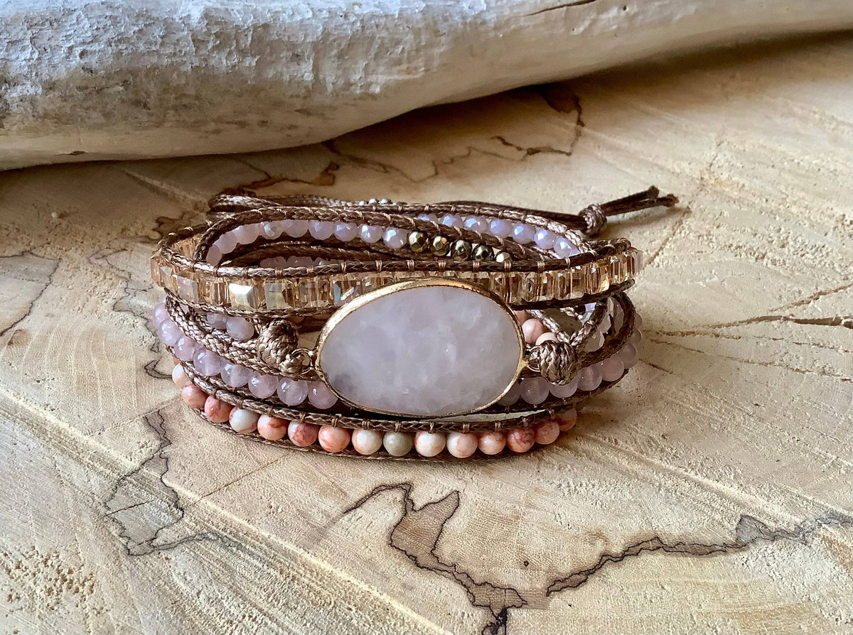 Bracelet, beaded pink tourmaline wrap leather bracelet