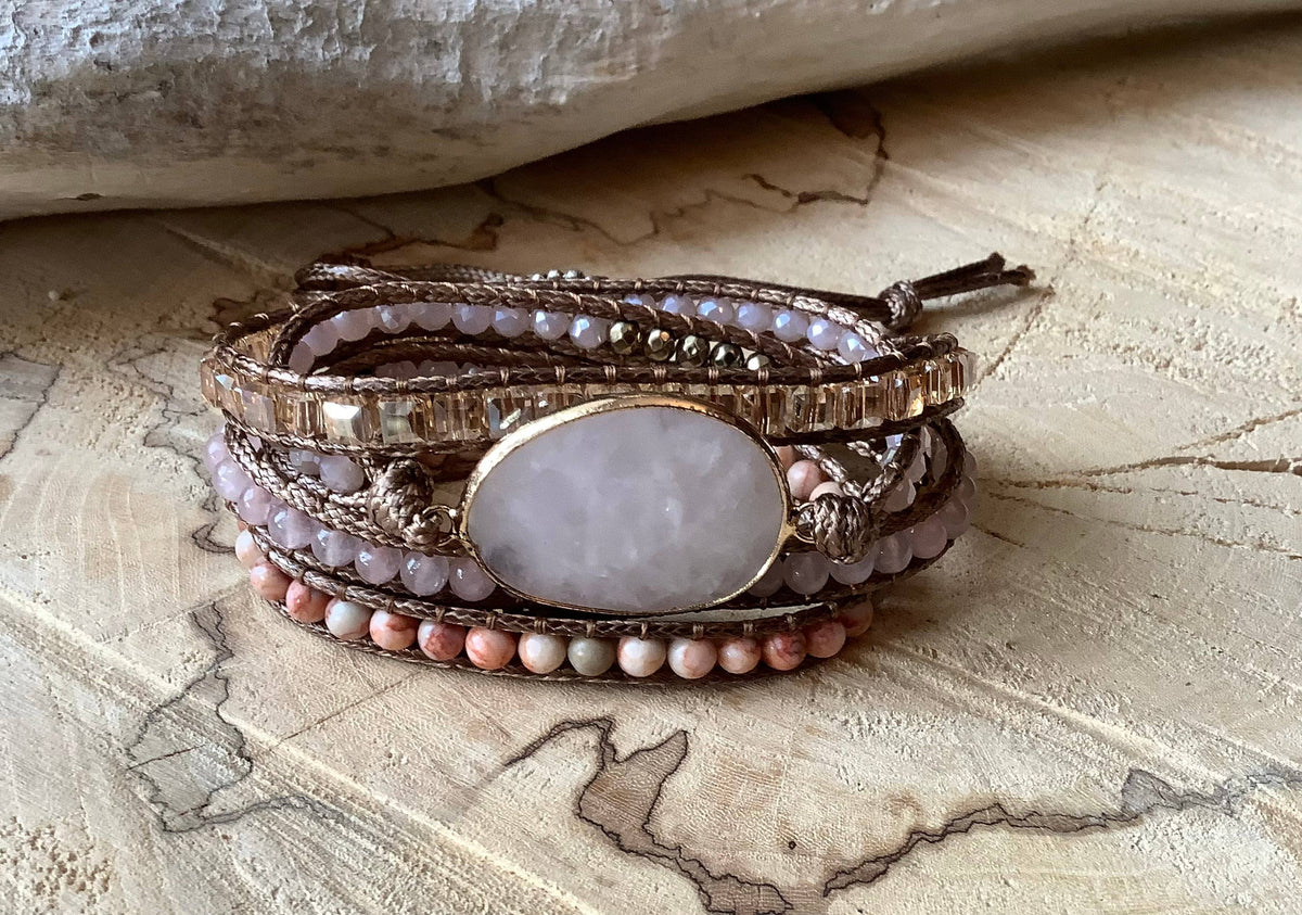 Bracelet, beaded pink tourmaline wrap leather bracelet