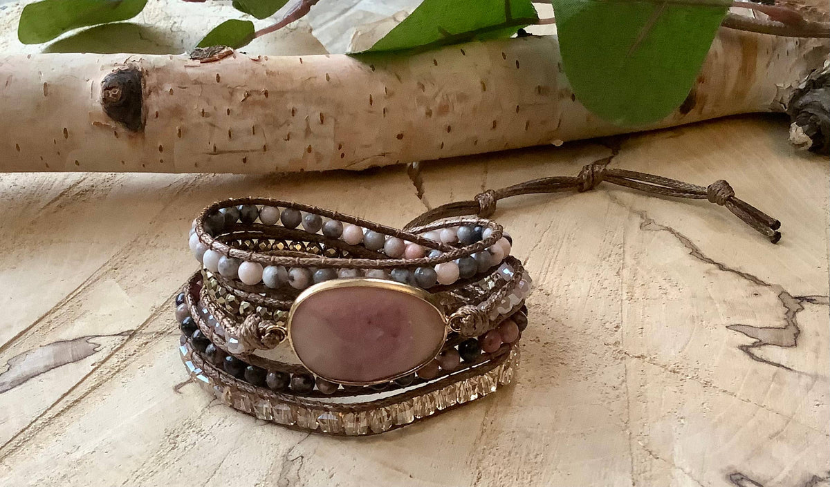 Bracelet, beaded pink tourmaline wrap leather bracelet